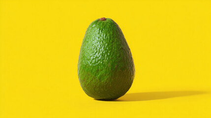 Whole fresh green avocado standing on solid yellow background, minimal organic fruit layout for healthy eating or vegan food concept