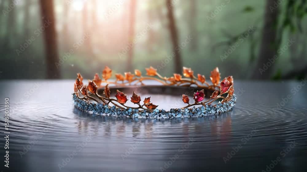 Aufkleber enchanted crown adorned with colorful gems resting on a reflective surface in a serene forest
