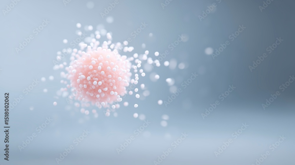 Poster abstract illustration of a pink sphere surrounded by floating white particles on a soft gradient bac