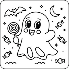 Happy Ghost with Lollipop and Candy Line Art Coloring Page