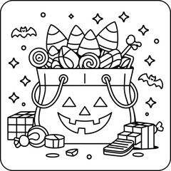 Cute Halloween Candy Bag with Jack-o’-Lantern Face Line Art Coloring Page