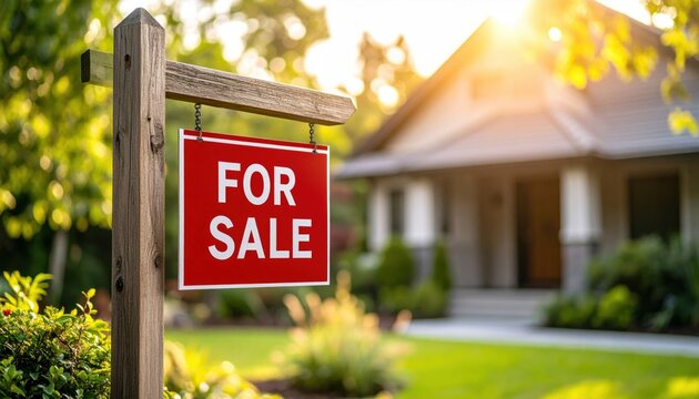 Red for sale sign in front of house symbolizing property market, real estate opportunities, housing investment or economic trend in residential sales