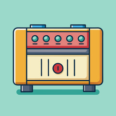 Cartoonish audio amplifier illustration in orange and red with knobs and speaker