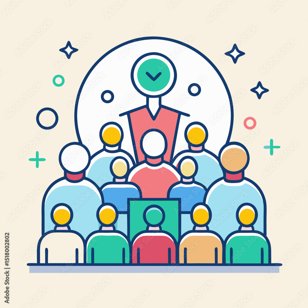 Poster stylized team hierarchy with leader and diverse group of team members