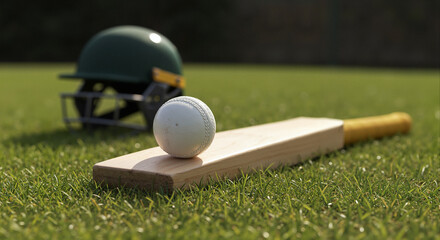 Cricket bat with white ball on green grass field, protective helmet in background. Summer daylight game preparation scene, outdoor sports equipment ready for match
