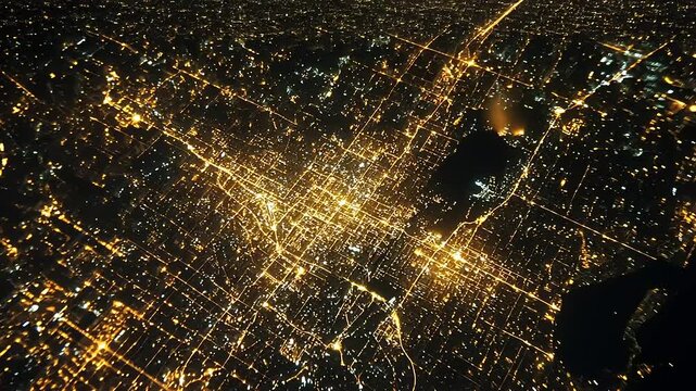 Aerial view of a vibrant city illuminated at night, showcasing a network of streets and buildings