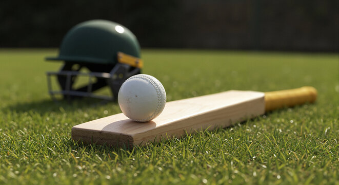 Cricket bat with white ball on green grass field, protective helmet in background. Summer daylight game preparation scene, outdoor sports equipment ready for match