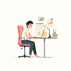 Remote worker at desk with charts and notes – flat vector concept of productivity