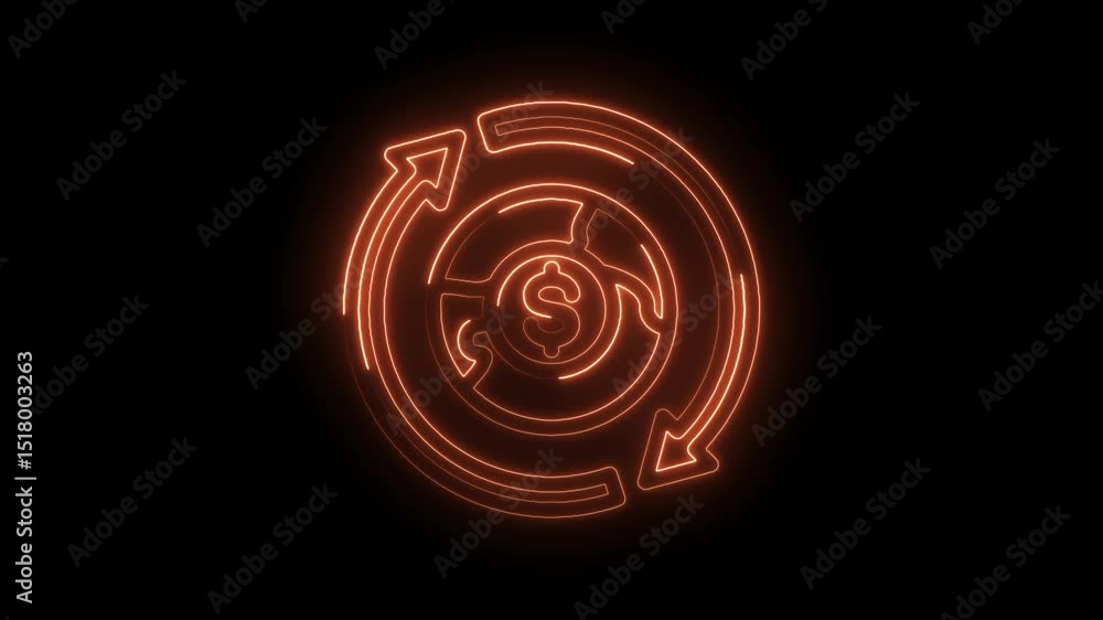 Poster glowing neon animation of a circular arrow flow centered with a dollar symbol on black