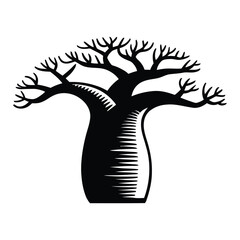 African Baobab Graphic Icon, Silhouette, Vector, Illustration, Outline, Logo, White Background.