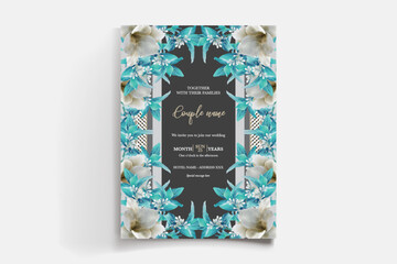 WEDDING INVITATION FRAME WITH FLOWER DECORATIONS AND FRESH LEAVES