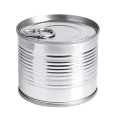Metallic tin can with a pull-tab lid, shiny reflective surface, cylindrical shape, used for sto food or beverages, clean and smooth texture, indoor setting