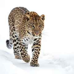 Obraz premium A leopard walking in the snow, the animal has a yellow fur with black spots, the background is white