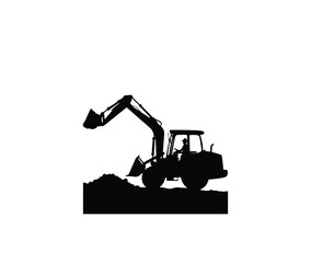 Silhouette of a backhoe loader working on site on white background