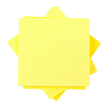 Close-up of a bundle of vibrant yellow sticky notes with a blank square note on top and partially visible notes underneath, isolated on a white background