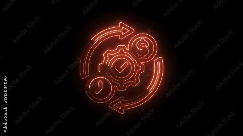 Poster neon business automation process with gear checkmark clock and dollar sign loop concept
