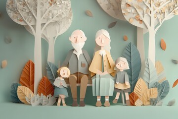 Grandparents sitting on bench with granddaughters enjoying autumn day in paper cut style