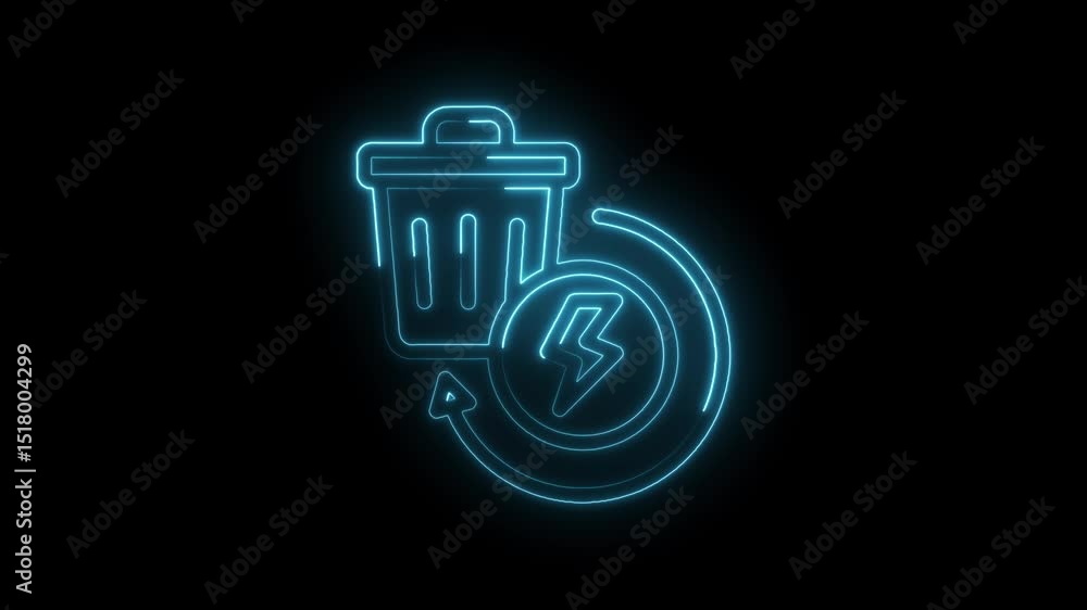 Poster neon style trash icon with recycle arrow and lightning symbol on black background