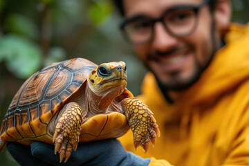 young coder showing rescued turtle to curious coworkers, A close-up of a person holding a tortoise, showcasing the intricate details and colors of the turtle's shell in a natural setting.