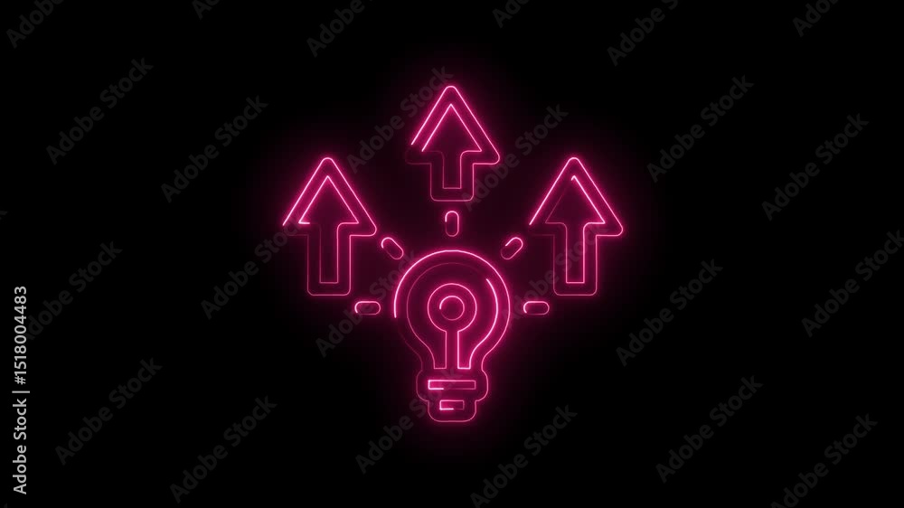 Poster glowing neon lightbulb with arrows pointing upwards representing innovation and progress on black ba