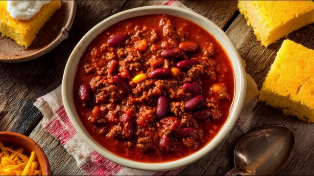 A bowl of chili with cornbread, a culinary delight.