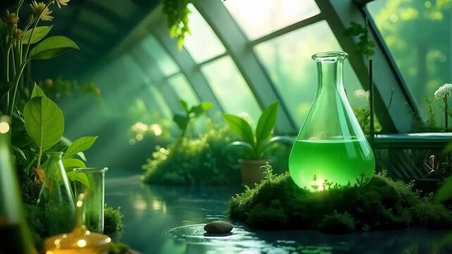 A lush, green science laboratory filled with bubbling beakers and glowing plants, set in a futuristic biodome 