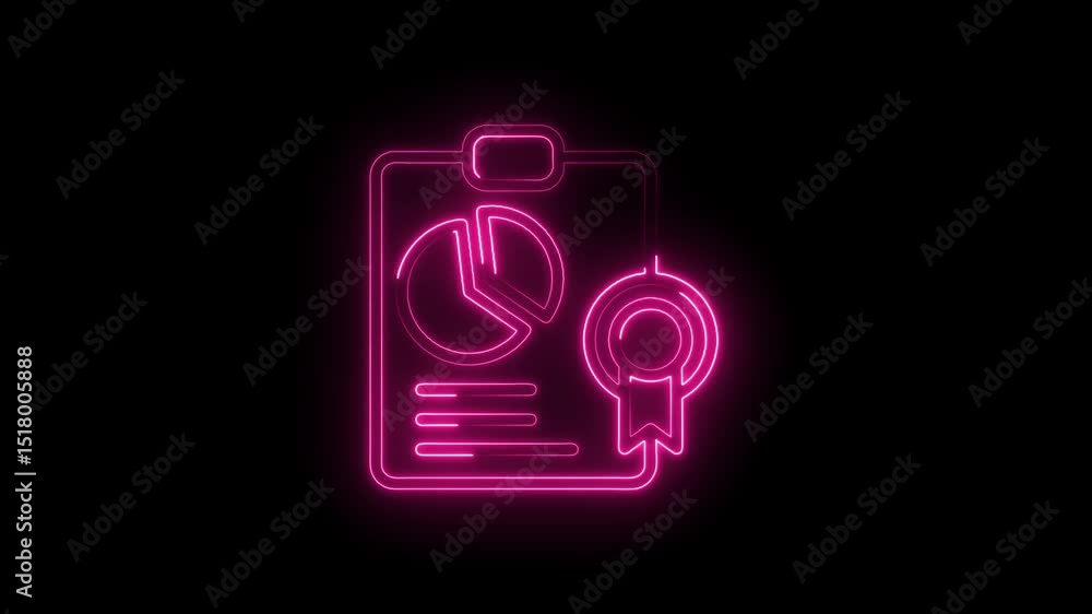 Poster glowing neon business report with pie chart and quality seal for data presentation