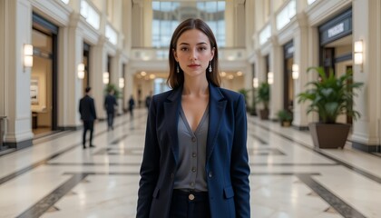 A French businesswoman in a navy-blue pencil skirt and blazer in a marble-floor business center