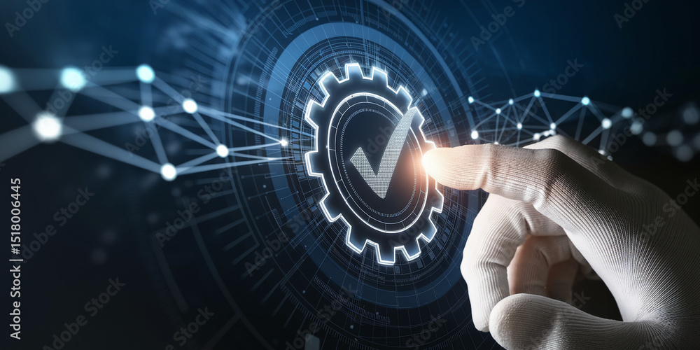 Poster gloved hand interacts with a digital interface, featuring a gear with a checkmark, symbolizing proce
