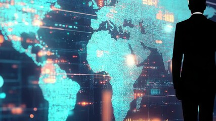 High tech digital interface with world map and lines of code, symbolizing global connectivity and advanced technology. - Powered by Adobe