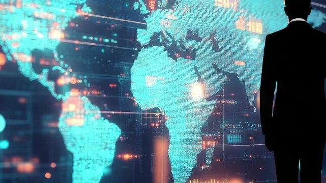 High tech digital interface with world map and lines of code, symbolizing global connectivity and advanced technology. - Powered by Adobe