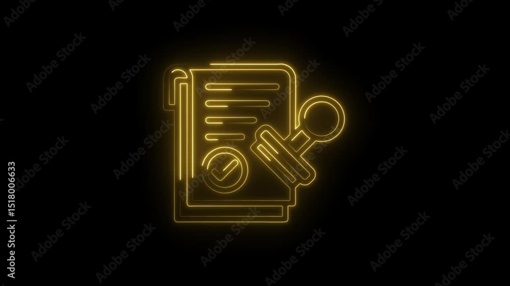 Poster golden neon document with checkmark and stamp animation on black background for approval process