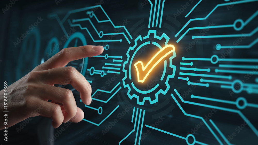 Poster hand interacts with digital interface showing a gear with a checkmark, symbolizing successful proces
