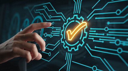 Hand interacts with digital interface showing a gear with a checkmark, symbolizing successful process completion, digital verification, or technological approval