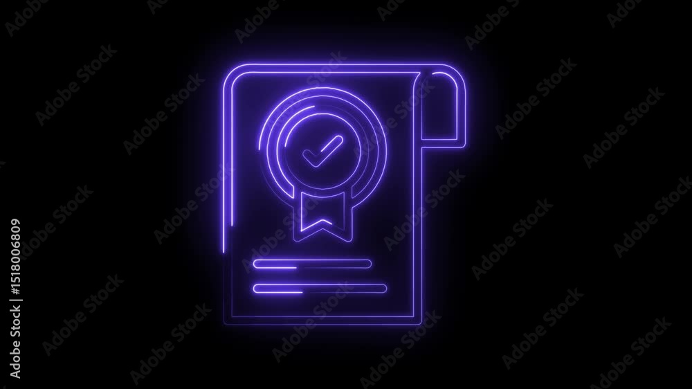 Poster neon certificate document icon with check mark on black background glowing validation concept