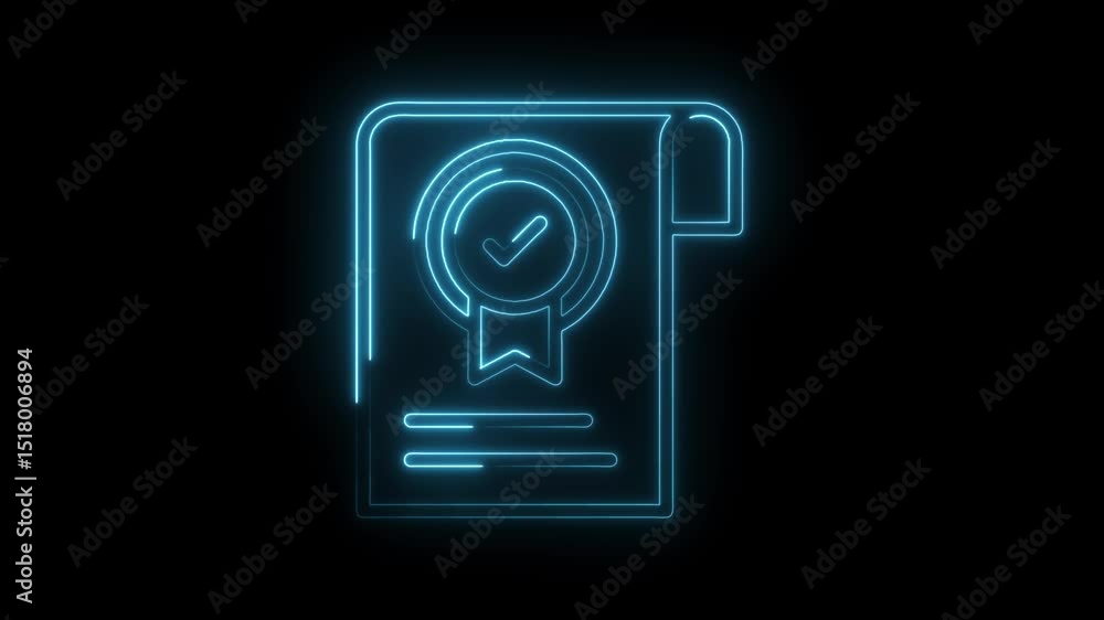 Poster animated neon certificate with seal and checkmark on a black background for quality assurance