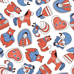 Seamless pattern with folk symbols on white background. Matryoshka, bear, horse, mermaid, cat, heart, princess. Flat vector illustration.