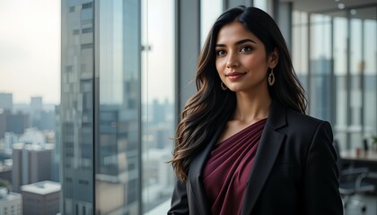 An Indian businesswoman in a dark maroon formal saree and blazer standing beside a high-rise office window