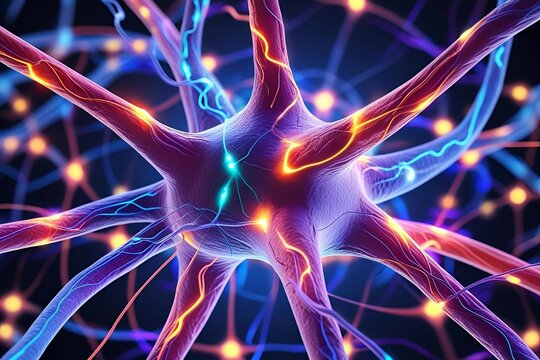 A detailed close-up of a neuron and its synapse, showcasing vibrant neural connections and dynamic electrical impulses. The intricate structure is highlighted with vivid colors to emphasize active bra