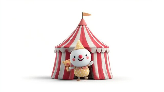 Cheerful clown character with a toy in front of a colorful circus tent, inviting joy and laughter
