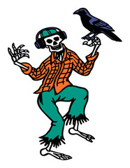 Fototapeta premium Whimsical Skeleton with Headphones and Raven Dancing in Modern Doodle Style