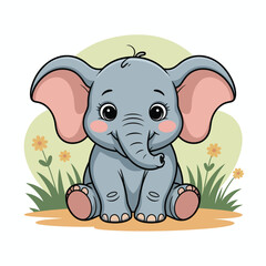 Naklejka premium Adorable cartoon baby elephant sitting in a field with flowers smiling and relaxing cute character design for children's book illustration or nursery decor.
