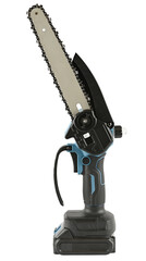 Cordless battery Chain Saw isolated on a transparent background. Completely in focus. Full depth of field. PNG.