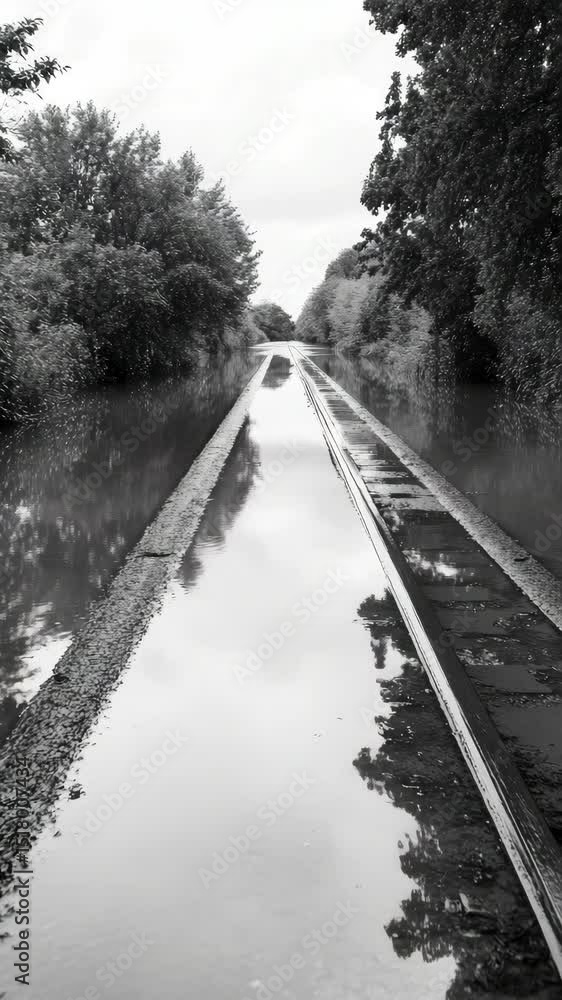 Aufkleber a road is flooded with water and the reflection of trees can be seen in the water. the scene is dark