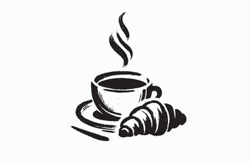 Coffee cup with croissant engraving style vector illustration logo, icon, sign, emblem