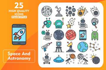 Space and Astronomy Line Filled Icon Set. Incleded Icons Moon, Satellite Dish, Rocks, Meteor, Asteroid, Alien, Astronaut Helmet, Falling Star, Robot, Planet. Vector Icons Collection © Pexelpy