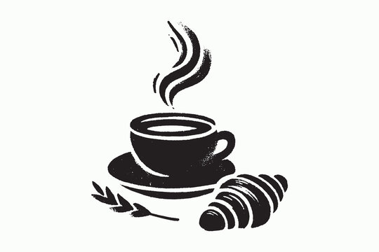 Coffee cup with croissant engraving style vector illustration logo, icon, sign, emblem