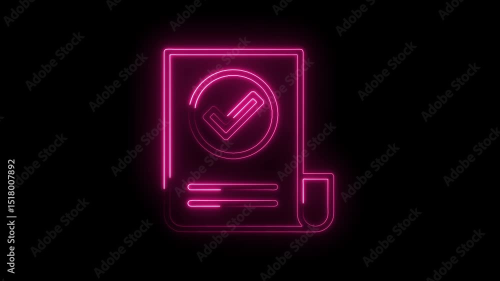 Poster neon style confirmation document icon animation on a black background showing approval