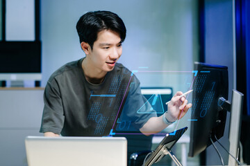 Asian man Hands working on laptop and smartphone with exclamation alarm caution warning...