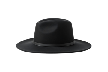 A sleek black fedora hat with a flat brim, perfect for fashion illustrations, vintage designs, or character styling, isolated PNG on transparent background